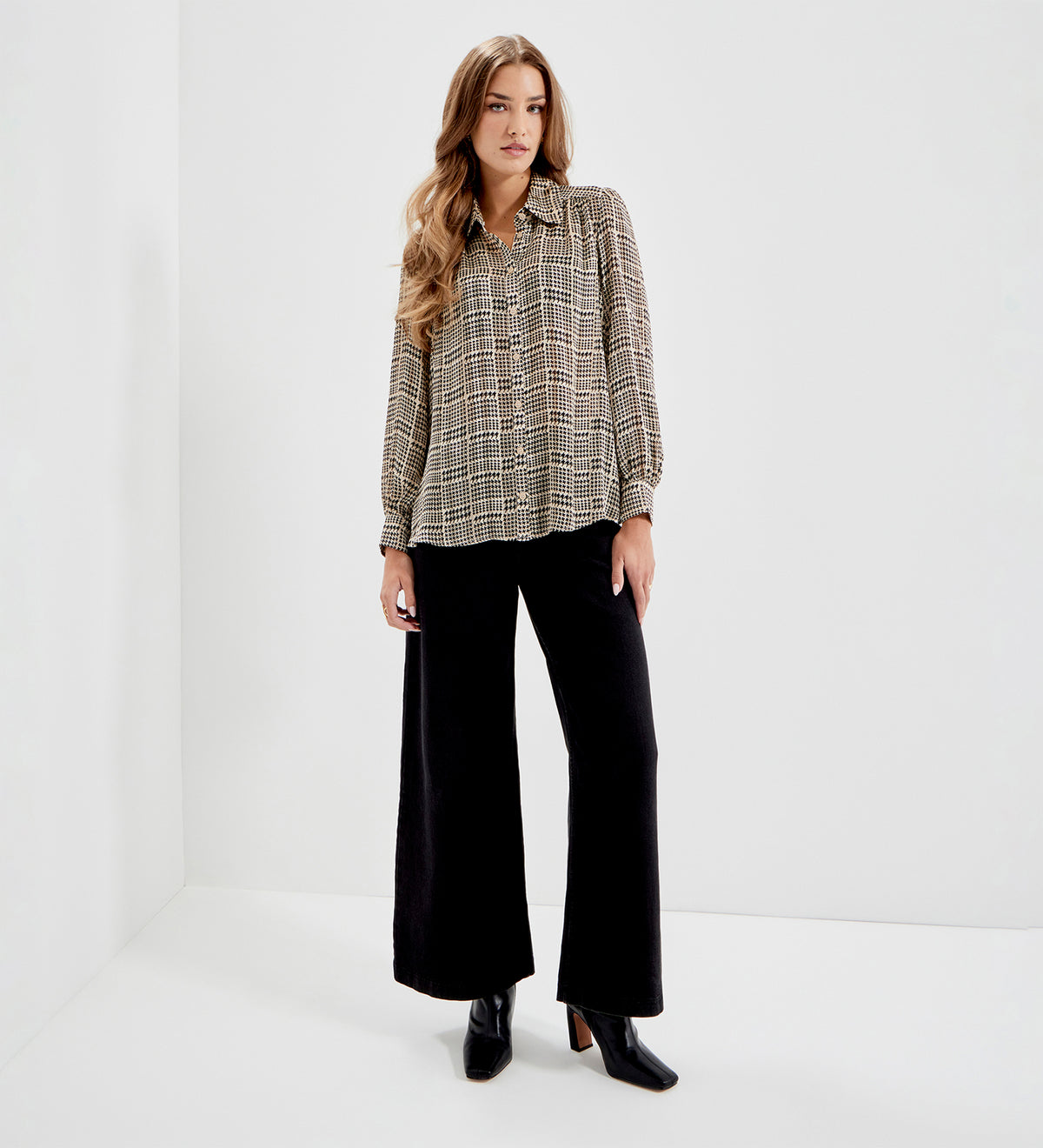 Melina Beige Houndstooth Chiffon Relaxed Fit Gathered Yoke Shirt