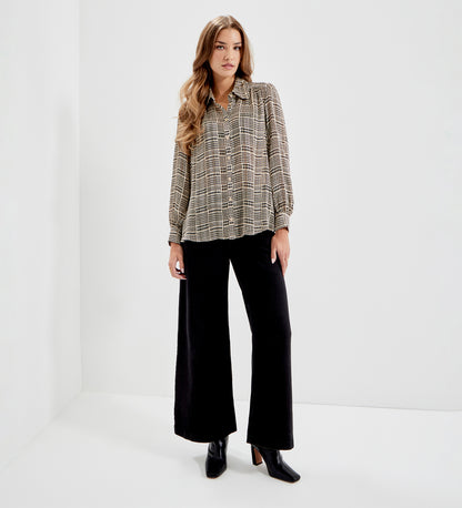 Melina Beige Houndstooth Chiffon Relaxed Fit Gathered Yoke Shirt