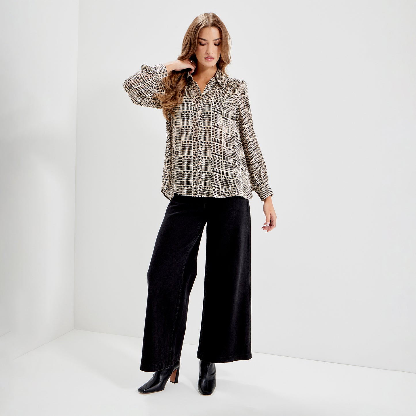 Melina Beige Houndstooth Chiffon Relaxed Fit Gathered Yoke Shirt