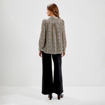 Melina Beige Houndstooth Chiffon Relaxed Fit Gathered Yoke Shirt