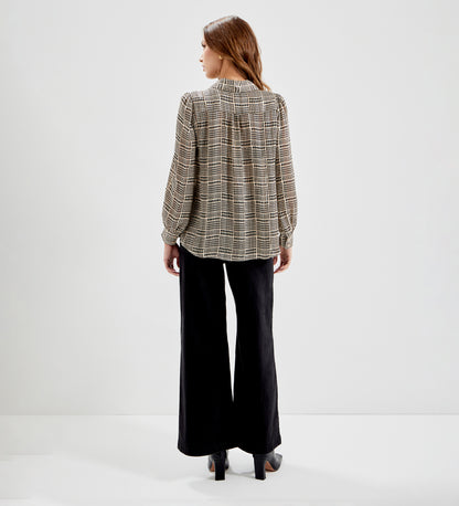 Melina Beige Houndstooth Chiffon Relaxed Fit Gathered Yoke Shirt