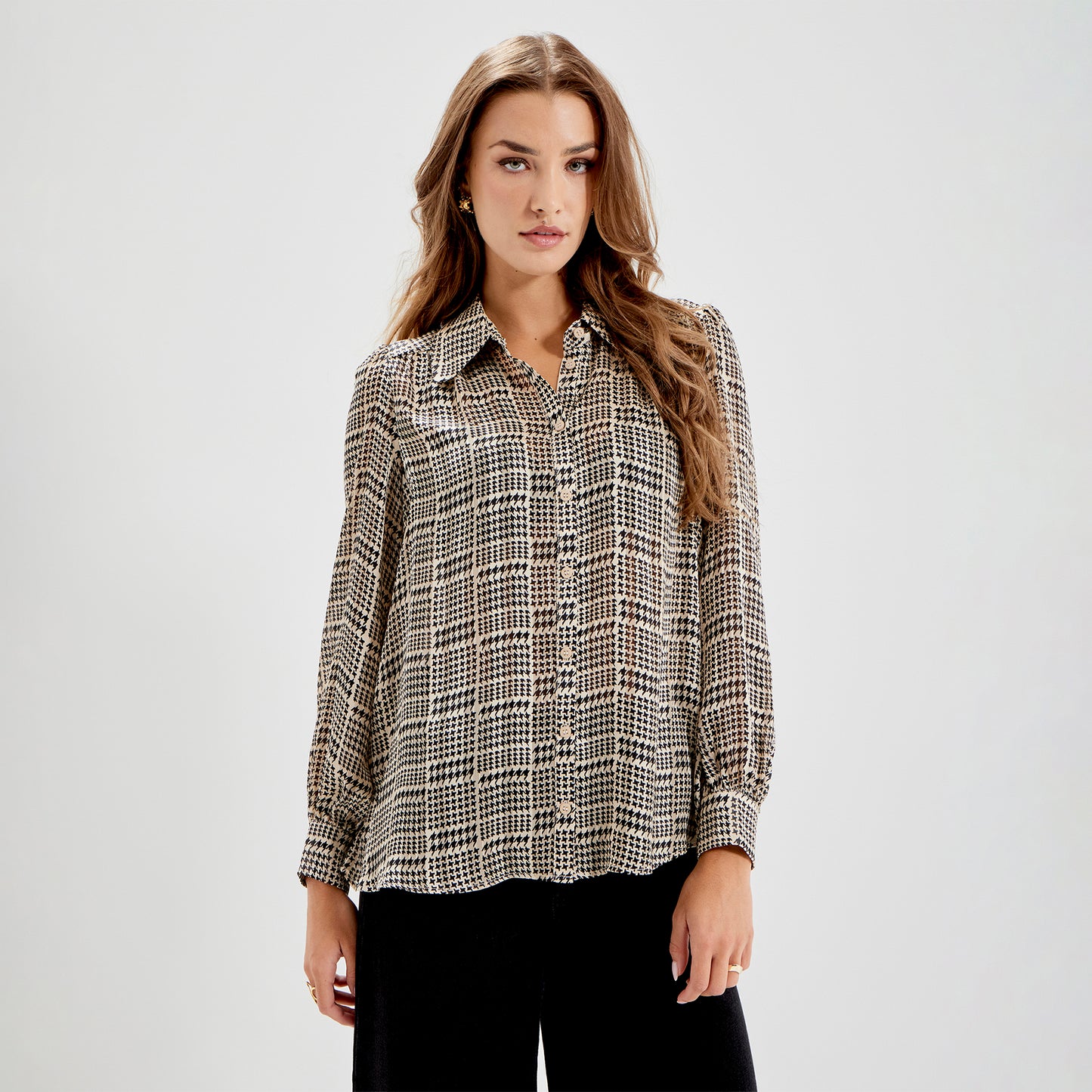 Melina Beige Houndstooth Chiffon Relaxed Fit Gathered Yoke Shirt