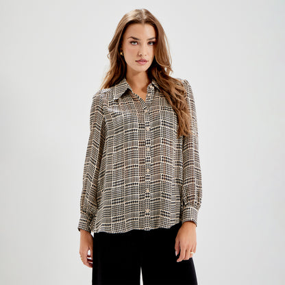 Melina Beige Houndstooth Chiffon Relaxed Fit Gathered Yoke Shirt
