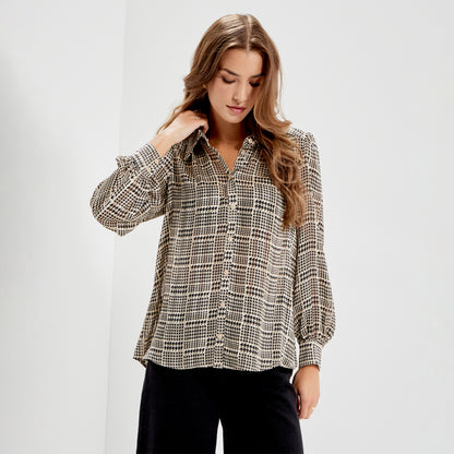 Melina Beige Houndstooth Chiffon Relaxed Fit Gathered Yoke Shirt