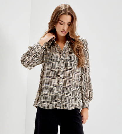 Melina Beige Houndstooth Chiffon Relaxed Fit Gathered Yoke Shirt