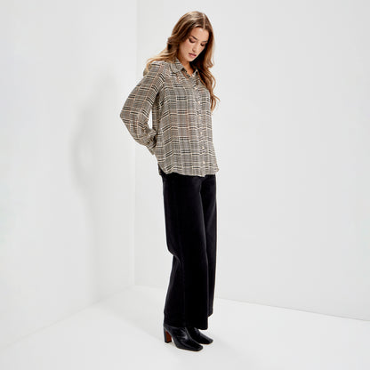 Melina Beige Houndstooth Chiffon Relaxed Fit Gathered Yoke Shirt