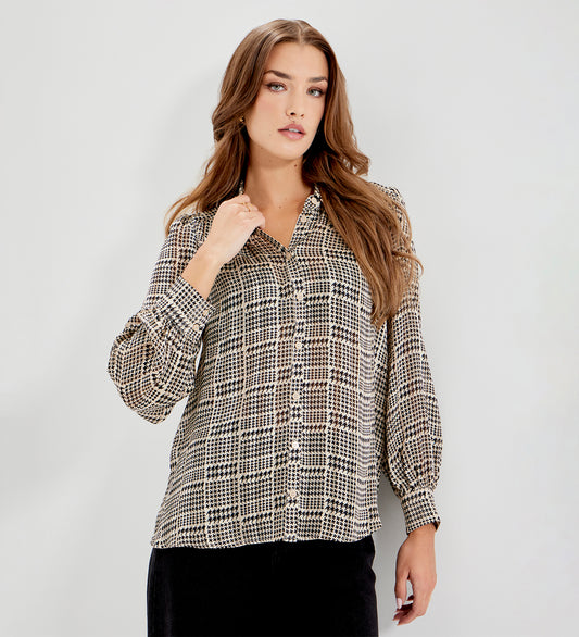 Melina Beige Houndstooth Chiffon Relaxed Fit Gathered Yoke Shirt