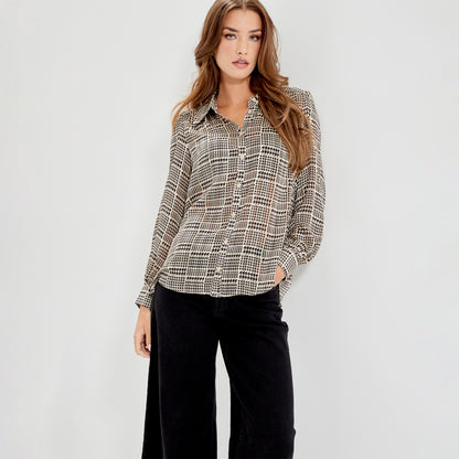 Melina Beige Houndstooth Chiffon Relaxed Fit Gathered Yoke Shirt