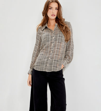 Melina Beige Houndstooth Chiffon Relaxed Fit Gathered Yoke Shirt