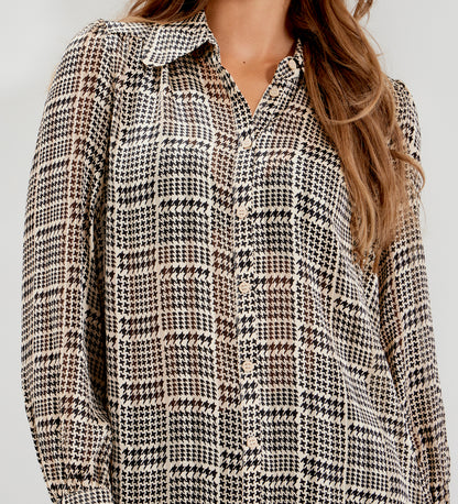 Melina Beige Houndstooth Chiffon Relaxed Fit Gathered Yoke Shirt