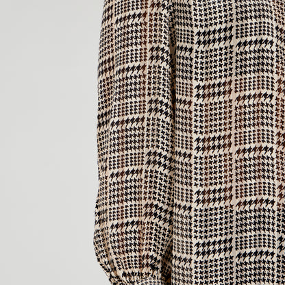 Melina Beige Houndstooth Chiffon Relaxed Fit Gathered Yoke Shirt