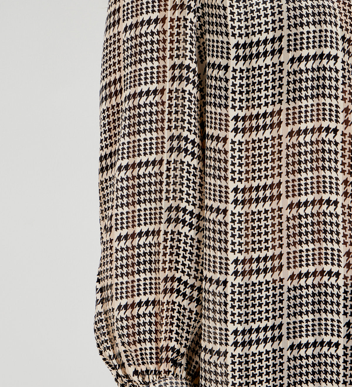 Melina Beige Houndstooth Chiffon Relaxed Fit Gathered Yoke Shirt