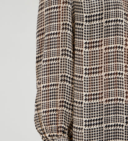 Melina Beige Houndstooth Chiffon Relaxed Fit Gathered Yoke Shirt