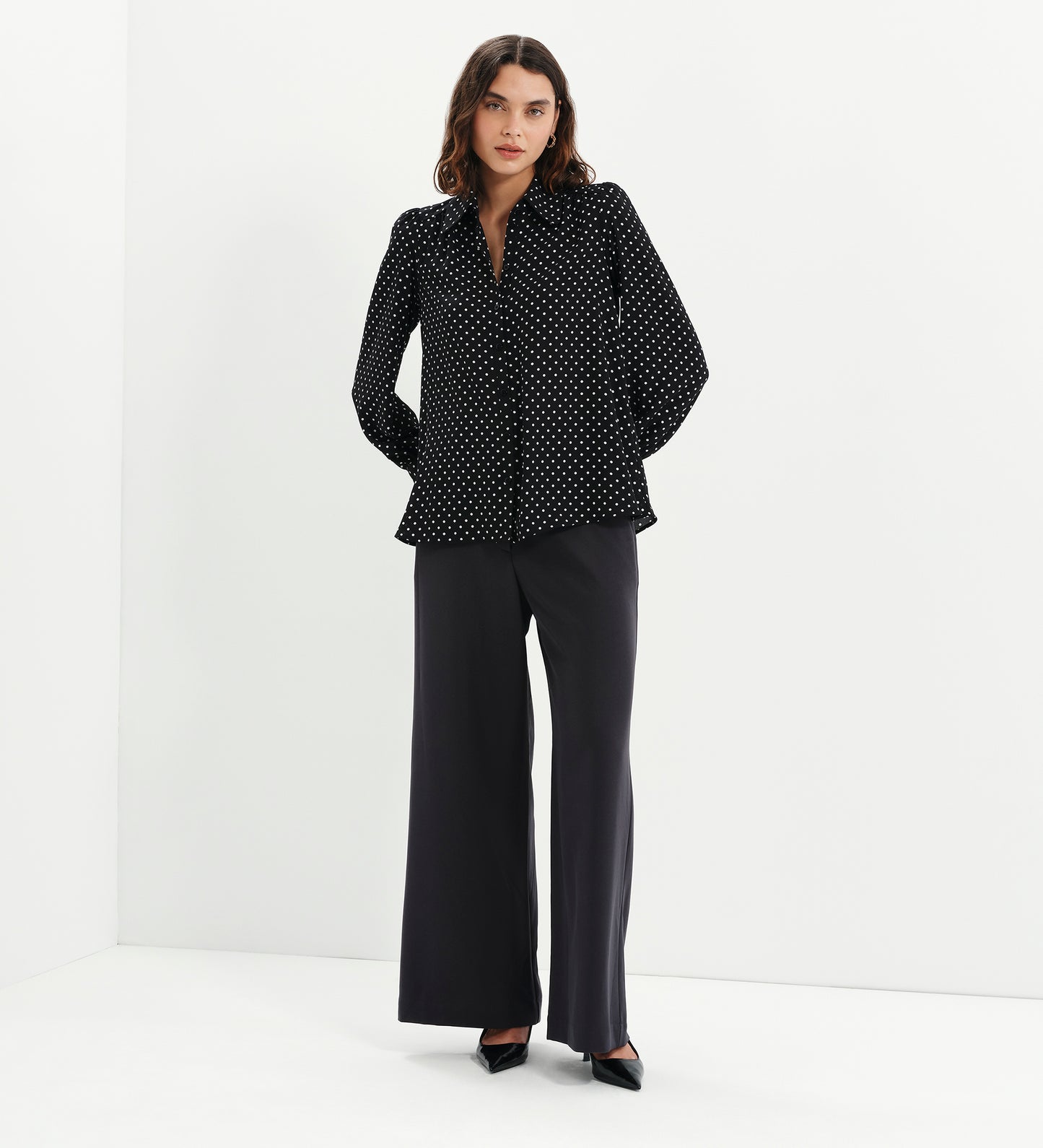 Melina Black Polka Dot Button Through Lightweight Yoke Blouse