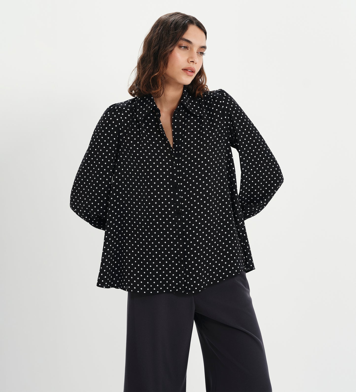 Melina Black Polka Dot Button Through Lightweight Yoke Blouse