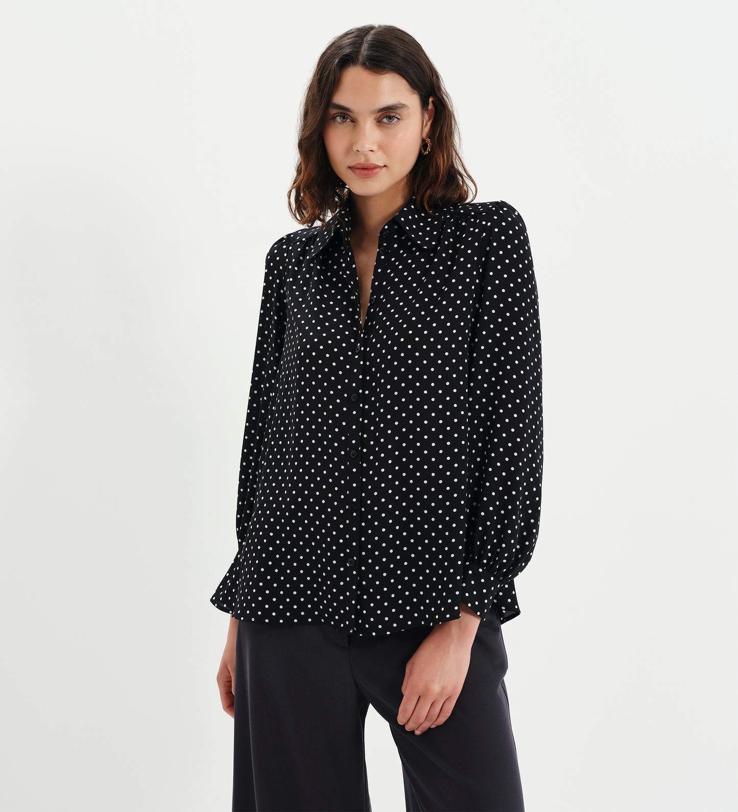 Melina Black Polka Dot Button Through Lightweight Yoke Blouse