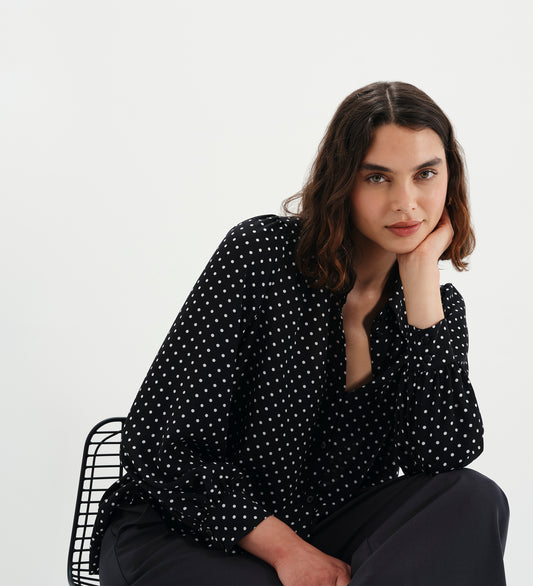 Melina Black Polka Dot Button Through Lightweight Yoke Blouse