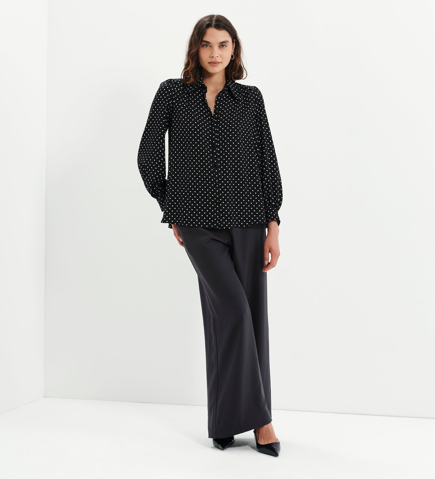 Melina Black Polka Dot Button Through Lightweight Yoke Blouse