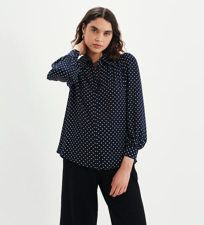 Melina Navy Polka Dot Button Through Lightweight Yoke Blouse