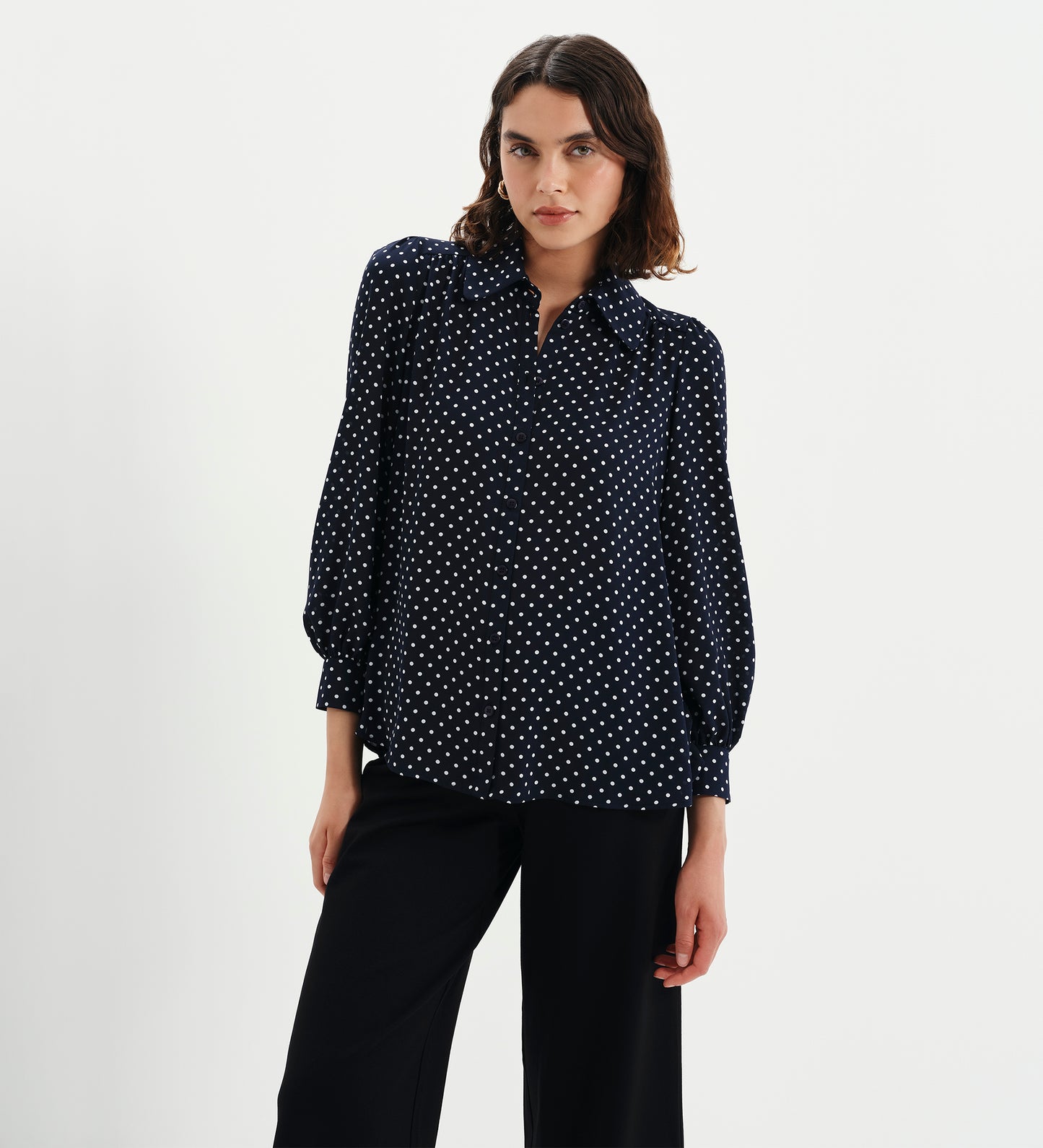 Melina Navy Polka Dot Button Through Lightweight Yoke Blouse