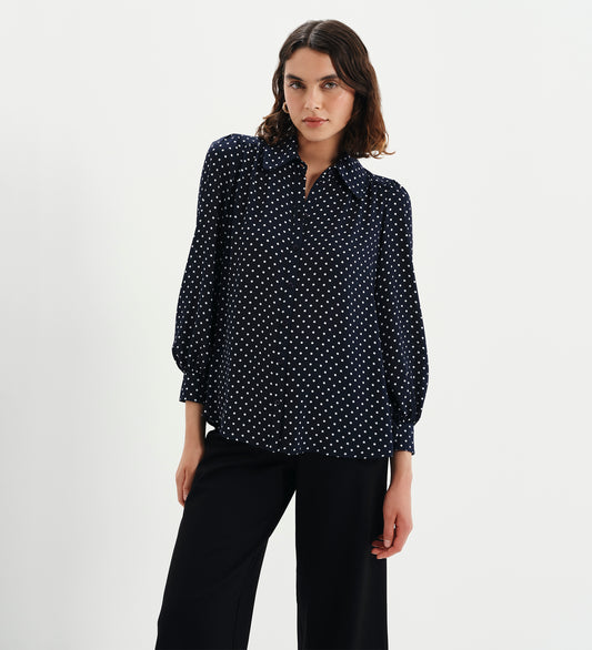Melina Navy Polka Dot Button Through Lightweight Yoke Blouse