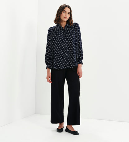 Melina Navy Polka Dot Button Through Lightweight Yoke Blouse