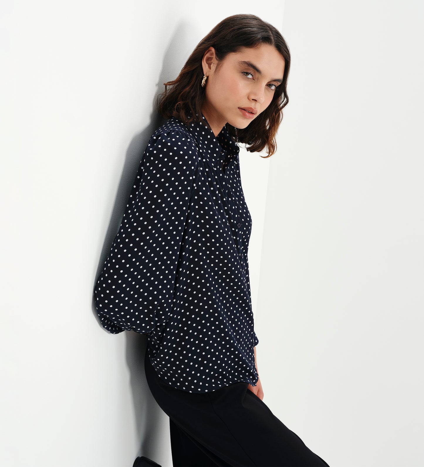 Melina Navy Polka Dot Button Through Lightweight Yoke Blouse