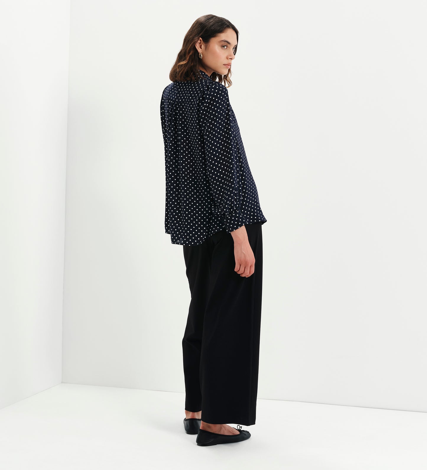 Melina Navy Polka Dot Button Through Lightweight Yoke Blouse