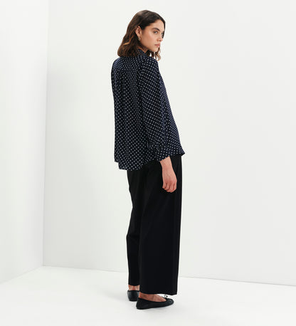 Melina Navy Polka Dot Button Through Lightweight Yoke Blouse