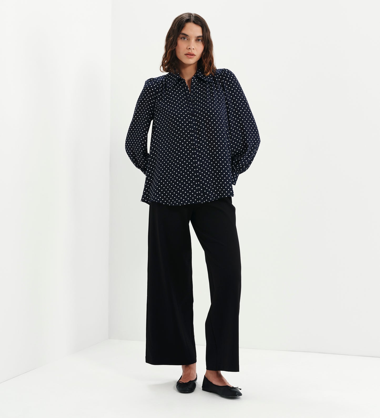 Melina Navy Polka Dot Button Through Lightweight Yoke Blouse