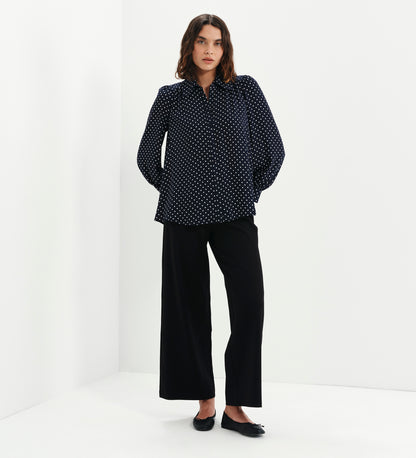 Melina Navy Polka Dot Button Through Lightweight Yoke Blouse