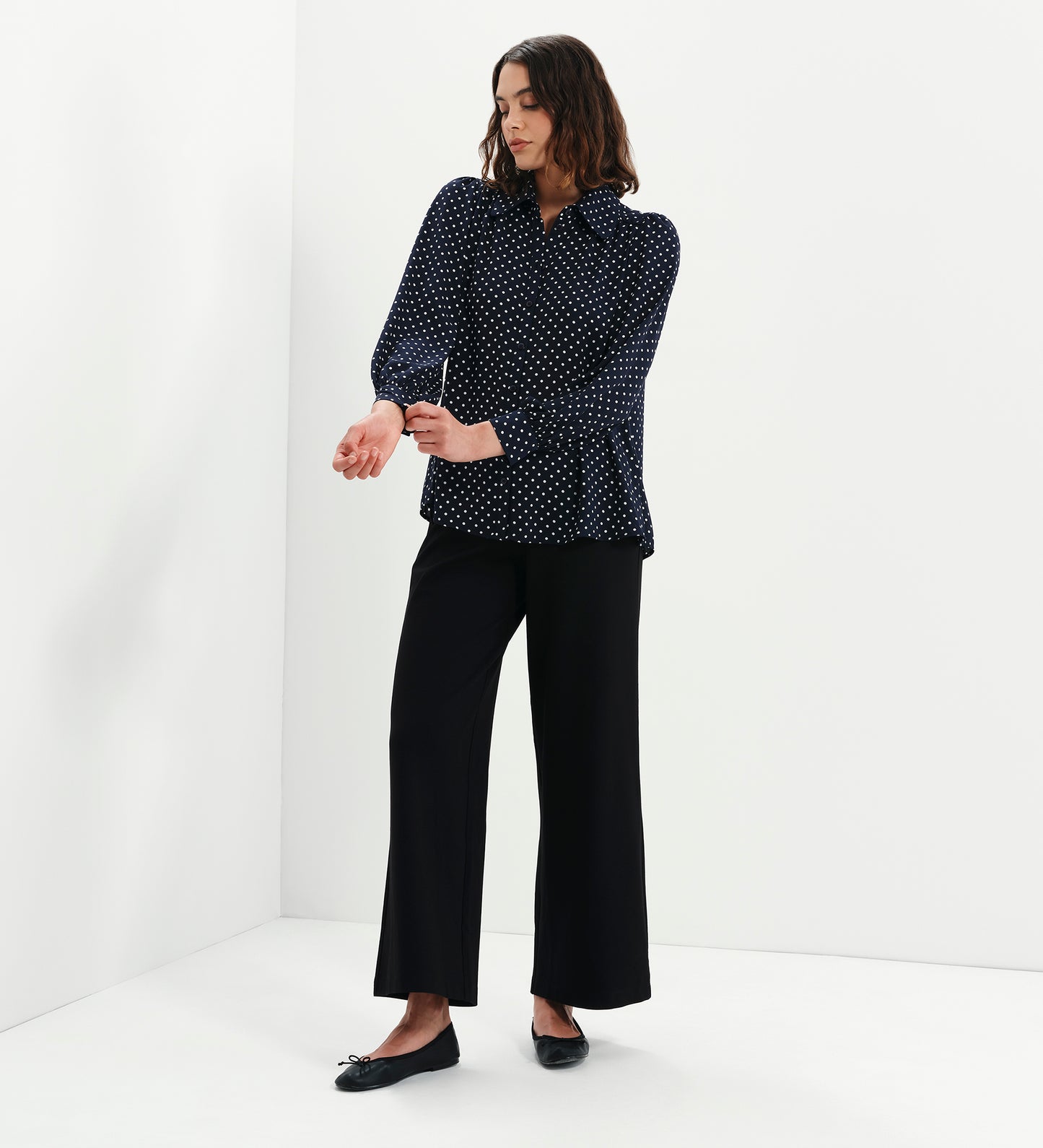 Melina Navy Polka Dot Button Through Lightweight Yoke Blouse