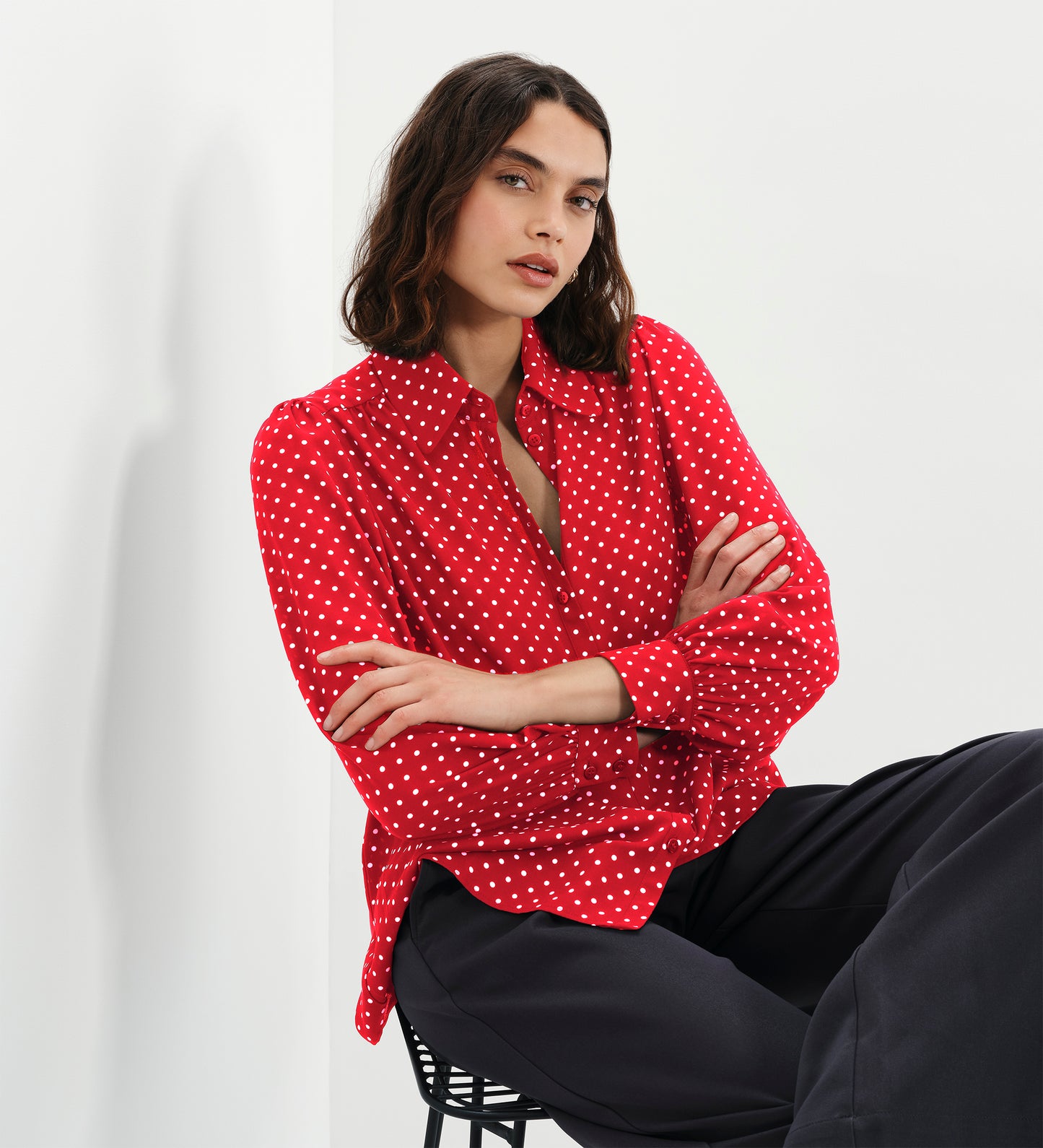 Melina Red Polka Dot Button Through Lightweight Yoke Blouse