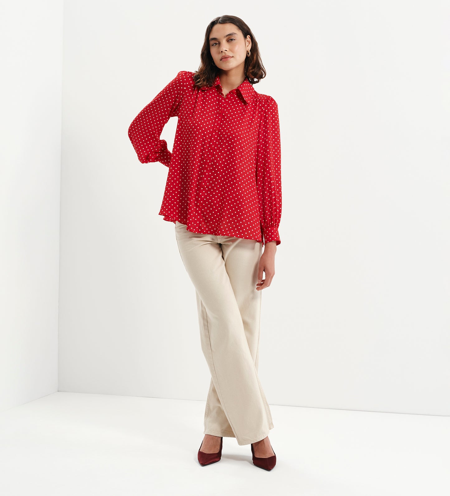 Melina Red Polka Dot Button Through Lightweight Yoke Blouse