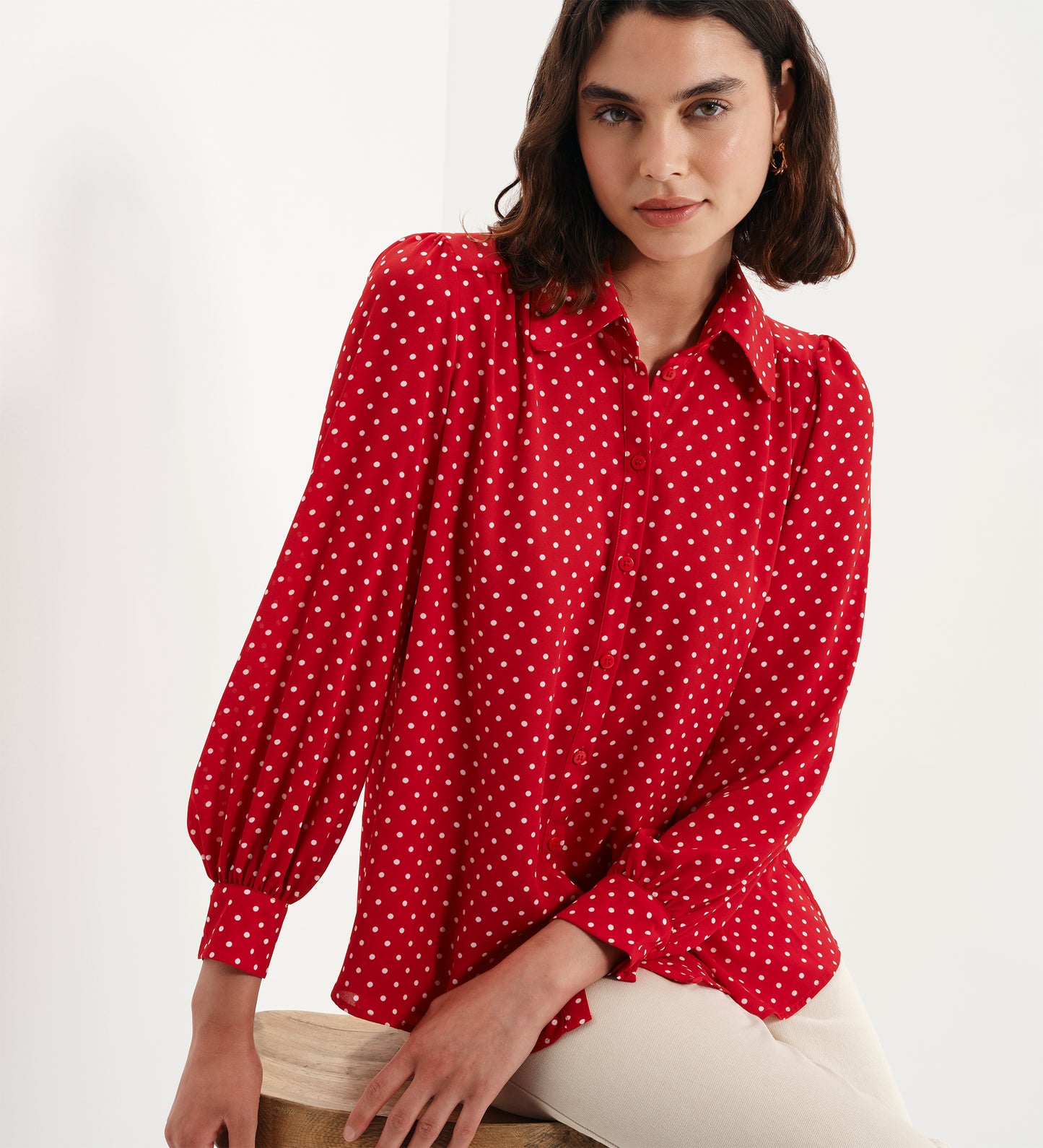Melina Red Polka Dot Button Through Lightweight Yoke Blouse