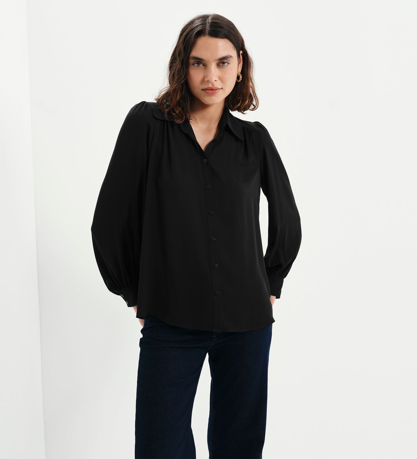 Melina Black Button Through Lightweight Yoke Blouse