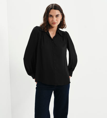 Melina Black Button Through Lightweight Yoke Blouse