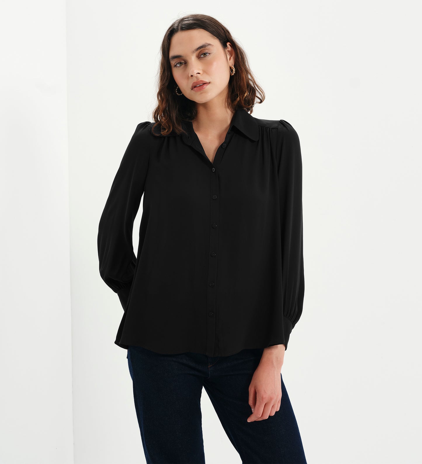 Melina Black Button Through Lightweight Yoke Blouse