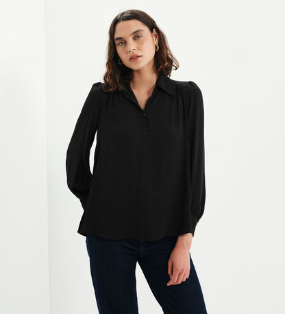 Melina Black Button Through Lightweight Yoke Blouse