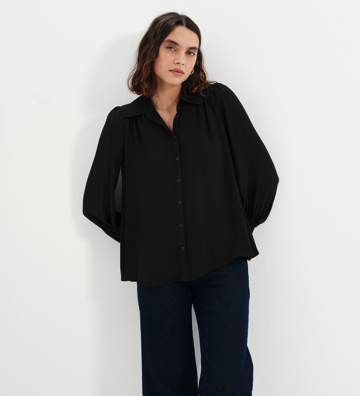 Melina Black Button Through Lightweight Yoke Blouse