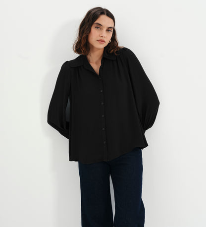 Melina Black Button Through Lightweight Yoke Blouse