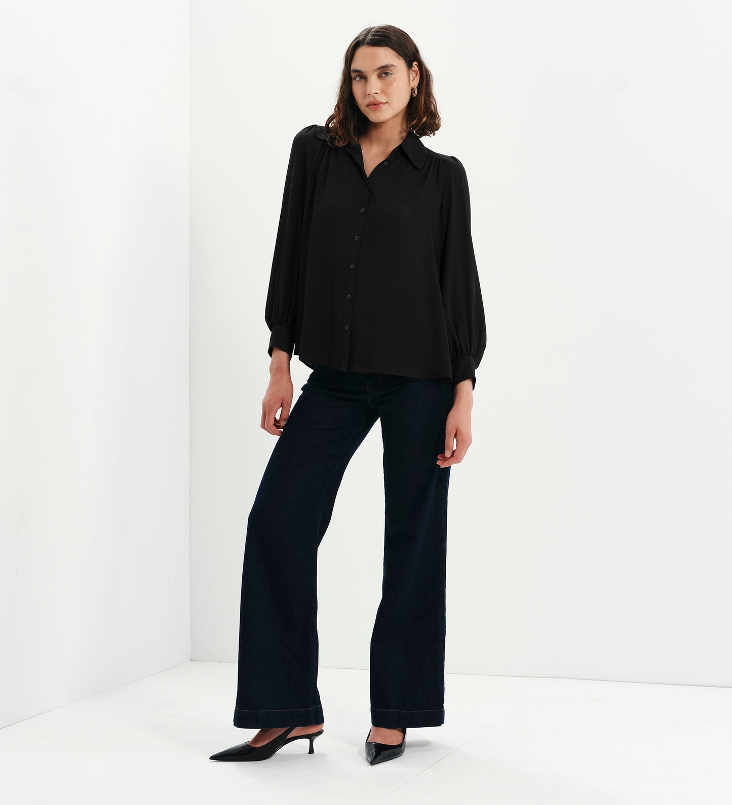Melina Black Button Through Lightweight Yoke Blouse