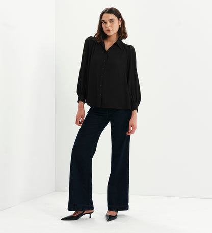 Melina Black Button Through Lightweight Yoke Blouse