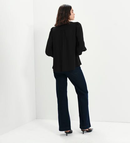 Melina Black Button Through Lightweight Yoke Blouse