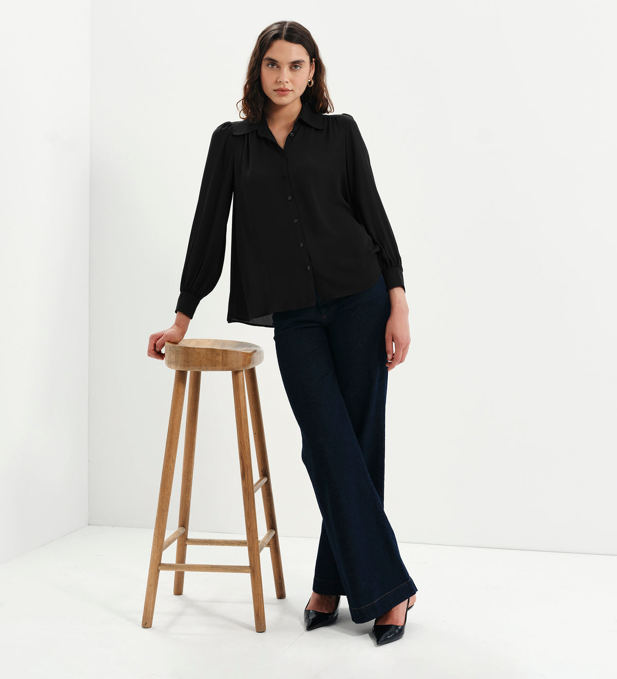 Melina Black Button Through Lightweight Yoke Blouse