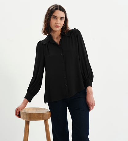 Melina Black Button Through Lightweight Yoke Blouse