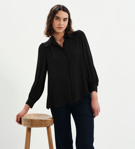 Melina Black Button Through Lightweight Yoke Blouse