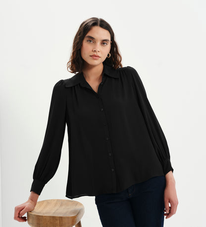 Melina Black Button Through Lightweight Yoke Blouse