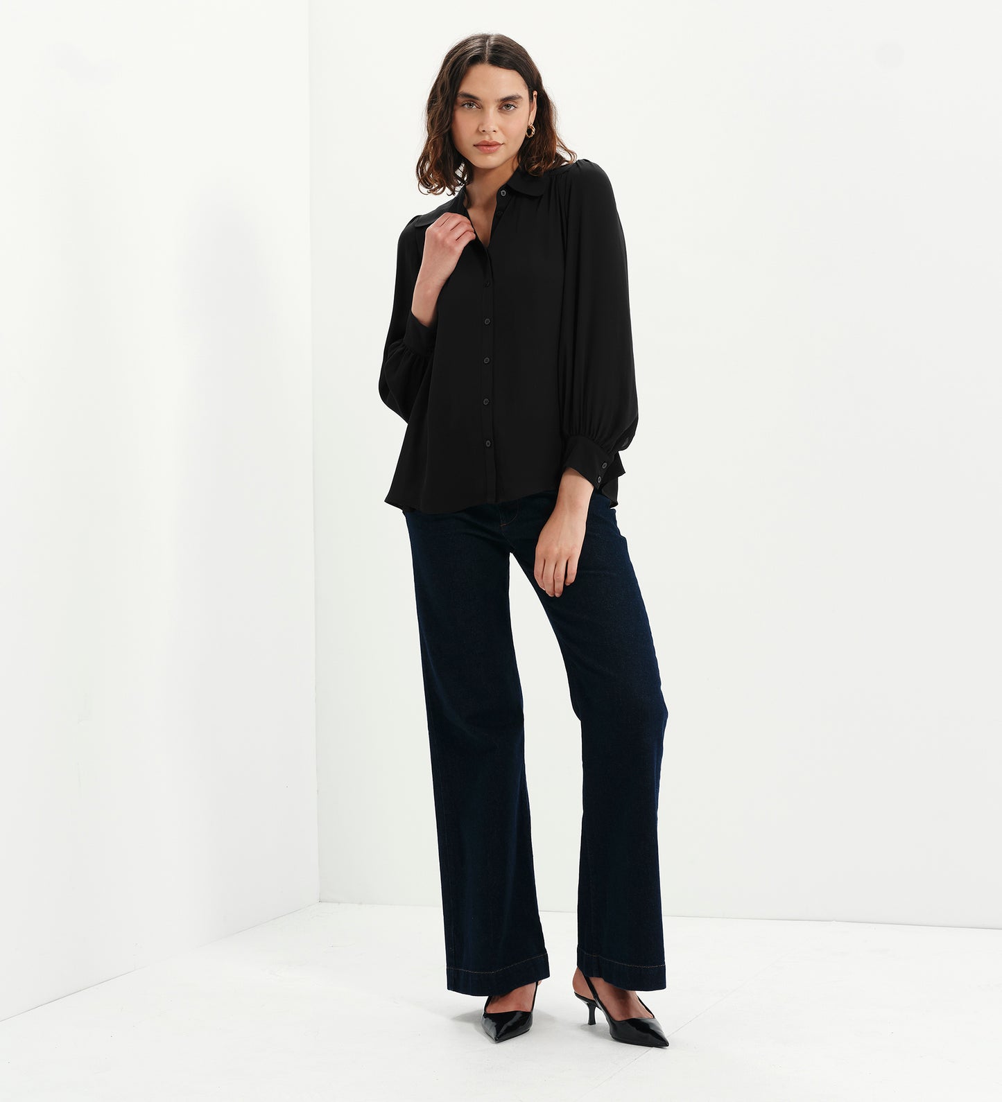 Melina Black Button Through Lightweight Yoke Blouse