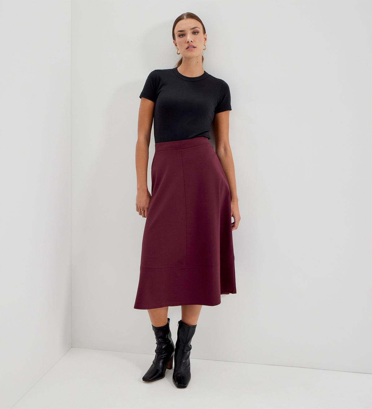 Mikia Burgundy Ponte Jersey Panelled A-Line Midi Skirt